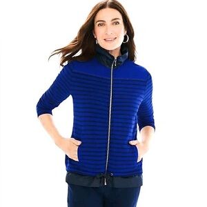 Chico's Zenergy Knit Collection Stripe Mix Jacket Blue Size 2 Large Full Zip NEW